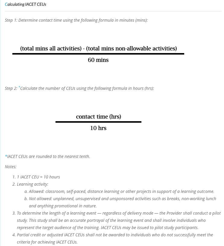 Screen shot of the equation used to calculate CEUs from the Application